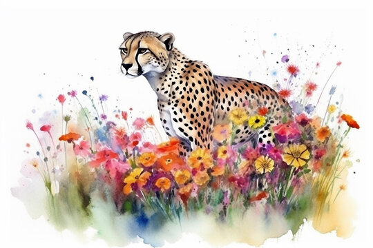 Watercolor painting of a beautiful cheetah in a colorful flower field. Ideal for art print, greeting card, springtime concepts etc. Made with generative AI.