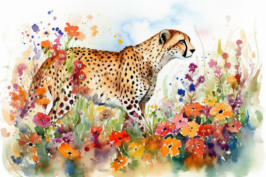 Watercolor painting of a beautiful cheetah in a colorful flower field. Ideal for art print, greeting card, springtime concepts etc. Made with generative AI.