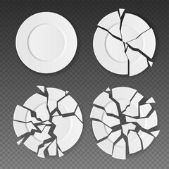 3D broken plate. Shattered utensil. Crack ceramic dish. Bread kitchen food. White restaurant mockup. Meal dishware. Realistic damaged bowl sharp fragments. Vector tableware shards set