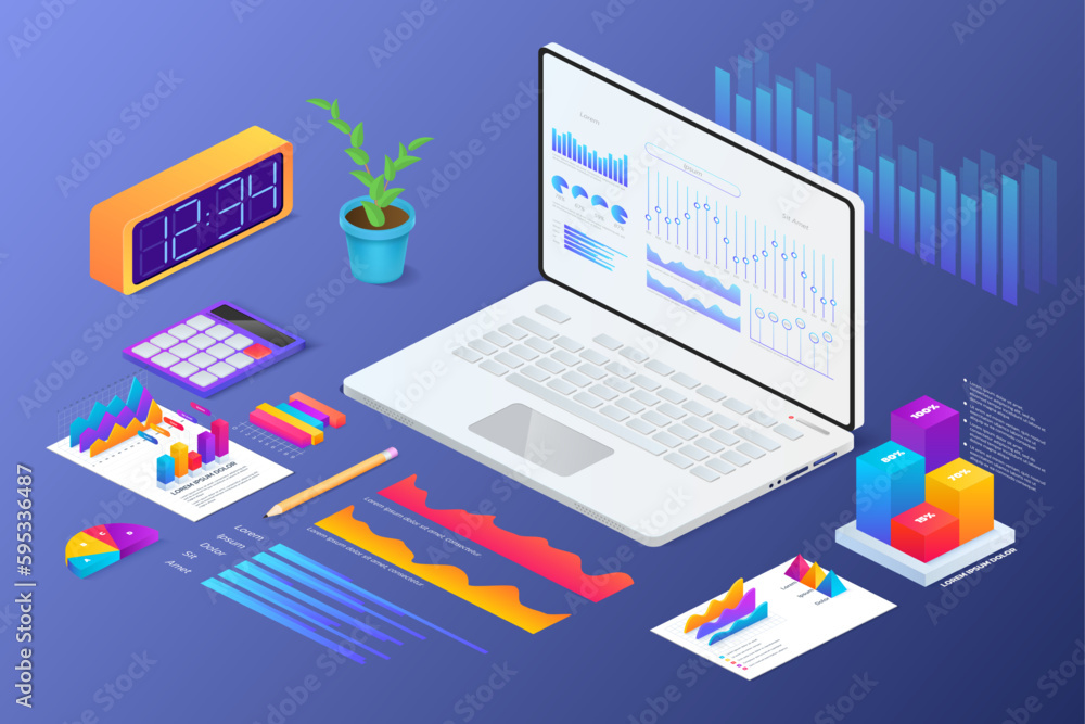 Poster isometric laptop analytics. market data. report for business analysis. 3d strategy graph. financial 