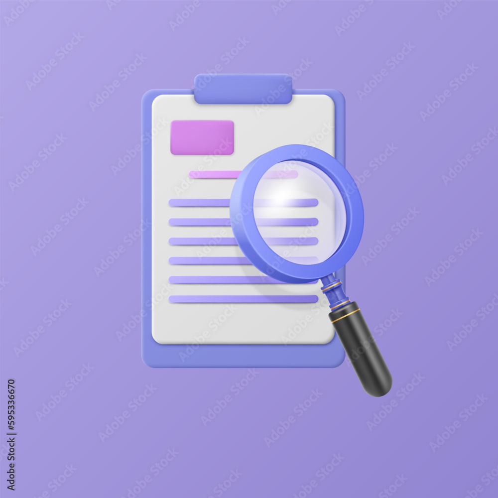 Aufkleber 3d magnifying glass and document. research list. business data check. text content in database. offi