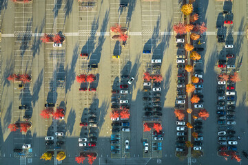 View from above of many parked cars on parking lot with lines and markings for parking places and directions. Place for vehicles in front of a strip mall center