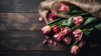 Pink tulips on rustic dark brown wood copy space, Mother's Day, AI concept