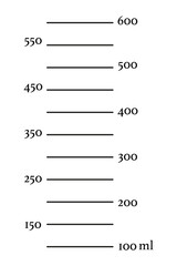 Scale 600 milliliters liquid volume for kitchen measuring cups or chemical experiments beaker in the laboratory. Vector illustration.