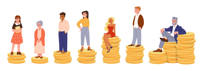 Wage, finance equality, people salary. Rich and poor, employee growth, workers equality, opportunities. Man and woman on golden coins. Cartoon flat isolated illustration. Vector gender set