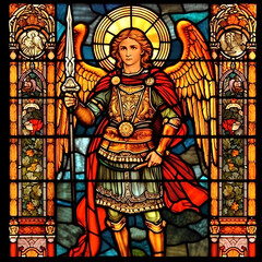 Obraz premium St. Michael the Archangel Illustration. Archangle Saint Michael. Generative Ai. Protection and Defense Symbol. Stained glass