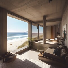 a modern beach house living room. generative AI illustration.