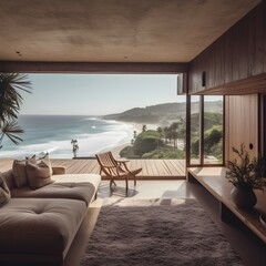 Fototapeta na wymiar living room of a modern house located next to a beach. generative AI illustration.