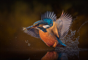 Fototapeta premium Common European Kingfisher (Alcedo atthis). Kingfisher flying after emerging from water with caught fish prey in beak on green natural background.
