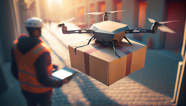 Drone delivery delivering parcel package into urban city. UAV drone deliver give to costumer in home. Online shopping and Express delivery transport service concept, Generative AI, illustration