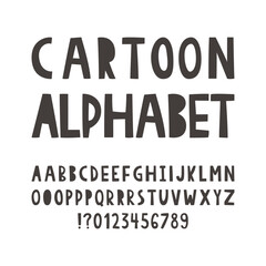 Hand drawn sans serif letters English ABC. Cartoon primitive kids alphabet in simple doodle style. Monochrome typography design in latin characters. Different capital letters and numbers.