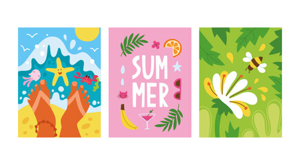 Fototapeta na wymiar Vector set of bright summer cards in flat hand drawn style. Beautiful summer posters with sea, beach, foots, palm leaves, hand written text, flower, bee. Different summer themed art