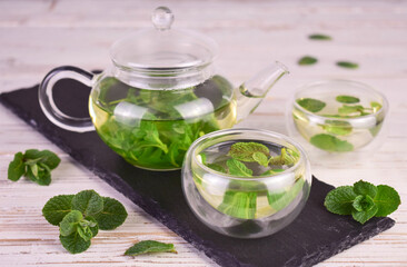 Mint leaf tea on a white wooden background.
