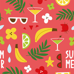 Vector colorful seamless pattern on the theme of summer. Hand drawn text summer with decorative elements on bright background. Design template for advertising, print, greeting card, fabric