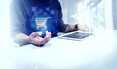 Businessman working with laptop computer with icons