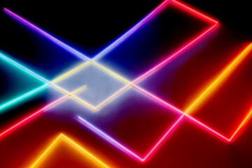 Neon lights retro cyberpunk lasers and light overlays isolated on black background