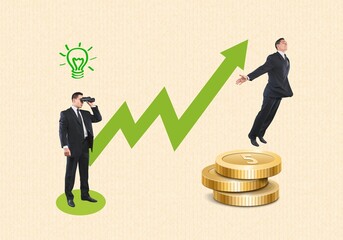 Creative collage of business people with stack coins and arrow