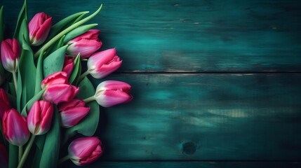 Tulip border with copy space. Beautiful frame composition of spring flowers. Bouquet of pink tulips flowers on green vintage wooden background. Generative AI.