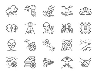 UFO icon set. It included icons such as aliens, extraterrestrial life, space, intergalactic, and more.