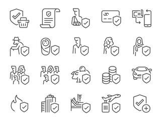 Insurance types icon set. It included pension, protection, risk management, health insurance, and more icons.
