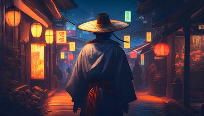 Samurai with straw hat walking down a japanese city