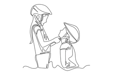 Single one line drawing happy boy using helmet bicycle. World bicycle day concept. Continuous line draw design graphic vector illustration.