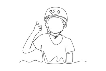 Single one line drawing happy boy using helmet bicycle. World bicycle day concept. Continuous line draw design graphic vector illustration.