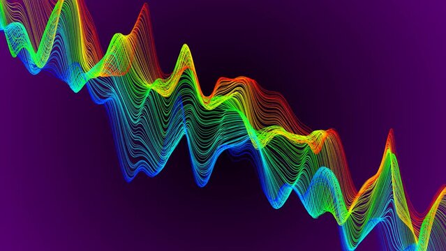 Abstract waving smooth lines with particles dots. Animation of seamless loop
