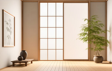 Fototapeta na wymiar Japanese style mockup interior with windows and plants on empty wooden floor. Generative AI.