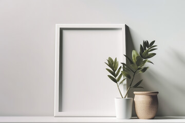 Empty frame mockup with green plants on empty white neutral wall background. Generative AI.