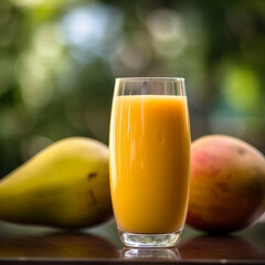 Mango fruit smoothie on a table against a summer outdoor background. A.I. generated