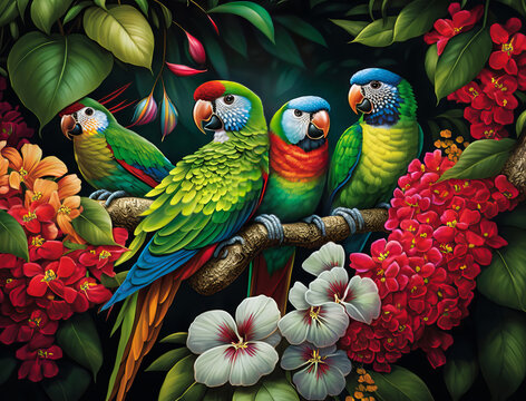 Painted parakeets in rainforest