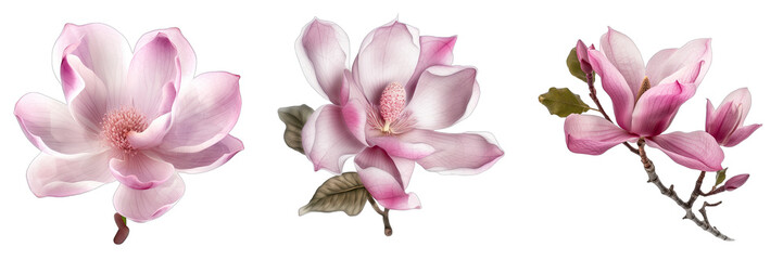 Set of Magnolia Flowers on Transparent Background