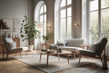 Bright modern living room with cozy Nordic-style armchairs, generated by AI. Generative AI