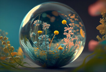 Glass transparent ball inside green plants and flowers. AI Generated