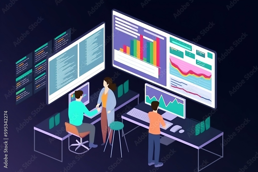 Poster people analyzing data business analysis. data analysis. financial report chart. 3d illustrations. ge