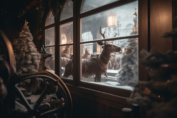 Fototapeta na wymiar Santa in sleigh with reindeer seen through window. Generative AI