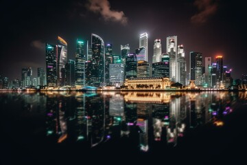 Fototapeta na wymiar Stunning Singapore skyline featuring modern skyscrapers around Marina Bay at night, a popular tourist attraction. Taken May 9, 2019. Generative AI
