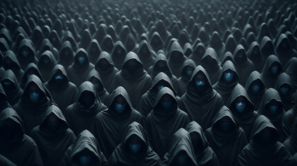 A crowd of people with grey cloaks and white masks  - obrazy, fototapety, plakaty