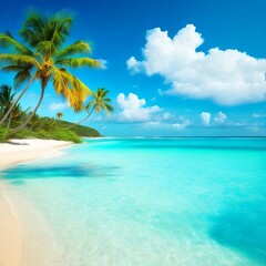 sunny beach with palm trees and calm ocean