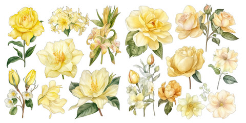 Fototapeta na wymiar Set of yellow flower watercolor elements on transparent background