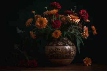 Flowers in vase with brown background and blurry background. Generative AI