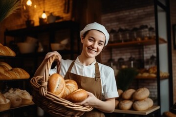 Smiling baker with bread in a bakery shop, ai generative - obrazy, fototapety, plakaty