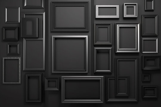 Various frames hanging on wall with copy space background. Dark frames on black wall. Frames for painting or photograph. Generative AI