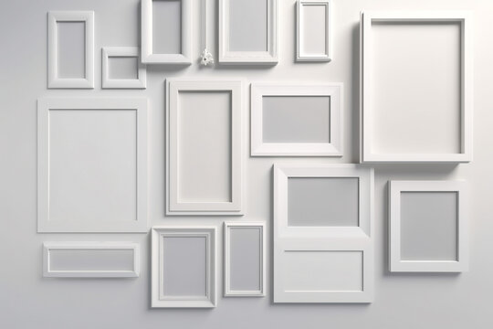 Various frames hanging on wall with copy space background. White frames on white wall. Frames for painting or photograph. Generative AI