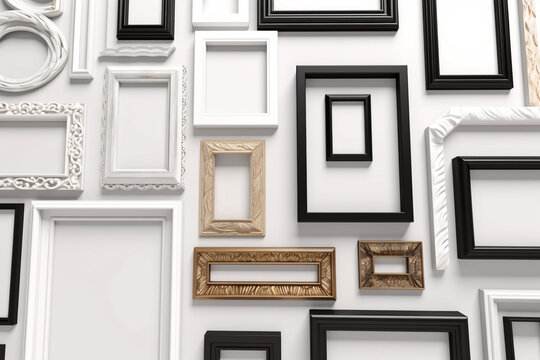 Various frames hanging on wall with copy space background. Various frames on white wall. Frames for painting or photograph. Generative AI