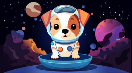 dog astronaut flying in space. Vector illustration for postcard, banner, web, art design.	