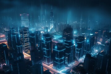 Obraz na płótnie Canvas Futuristic cyber city with glowing blue neon lights and towering skyscrapers. Generative AI