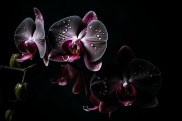 Naklejka na ściany i meble Black backdrop with orchid. Generative AI