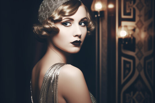 Portrait of beautiful elegant woman, Art Deco retro style. AI generated image	